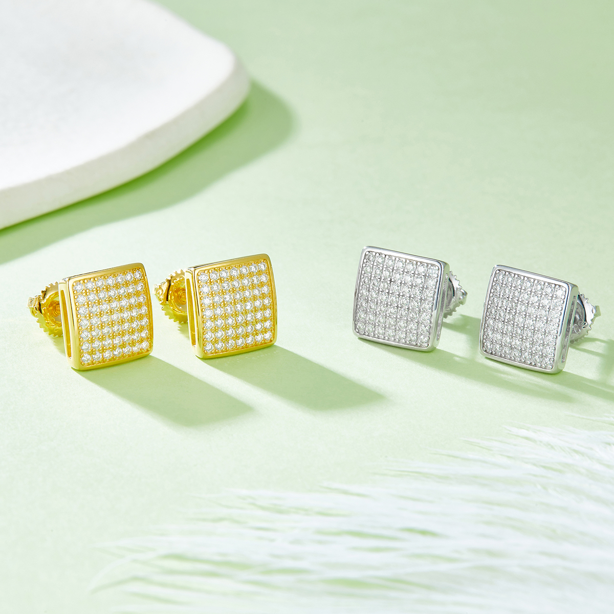 Square Curved S925 Silver Earrings with Threaded Moissanite Diamond Criolite D Grade 0.59CT