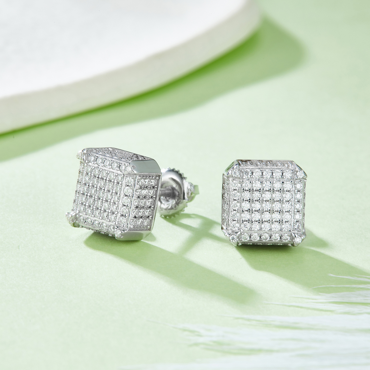 Square Side Set S925 Silver Stud Earrings with Threaded Moissan Diamond Centigrade D Grade 1.08CT