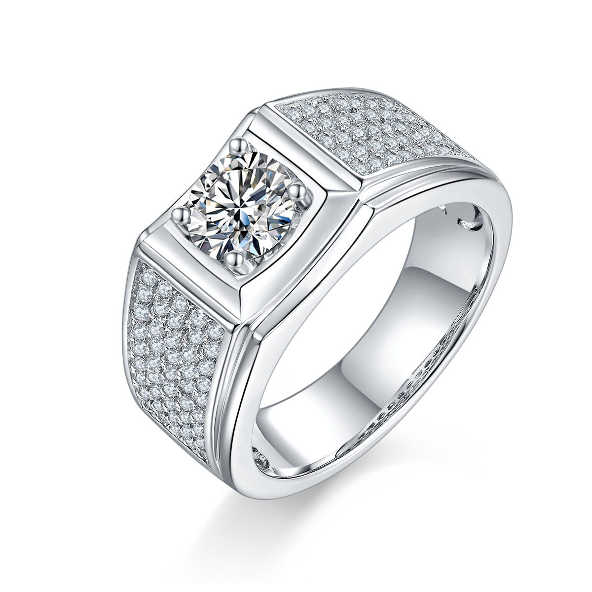 M71A S925 Silver Plated White Gold Moissan Diamond Men's Ring 1 Carat Grade D