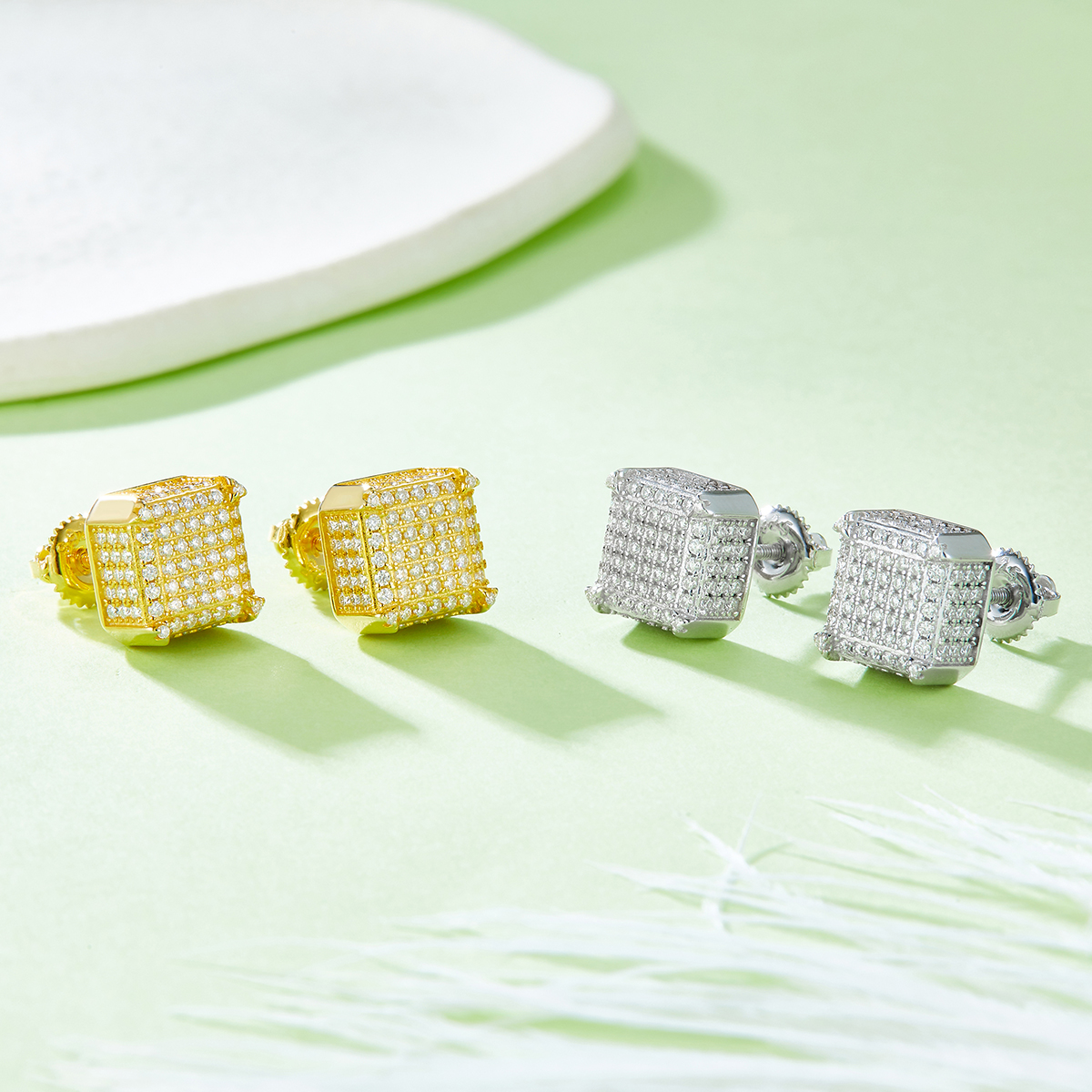 Square Side Set S925 Silver Stud Earrings with Threaded Moissan Diamond Centigrade D Grade 1.08CT