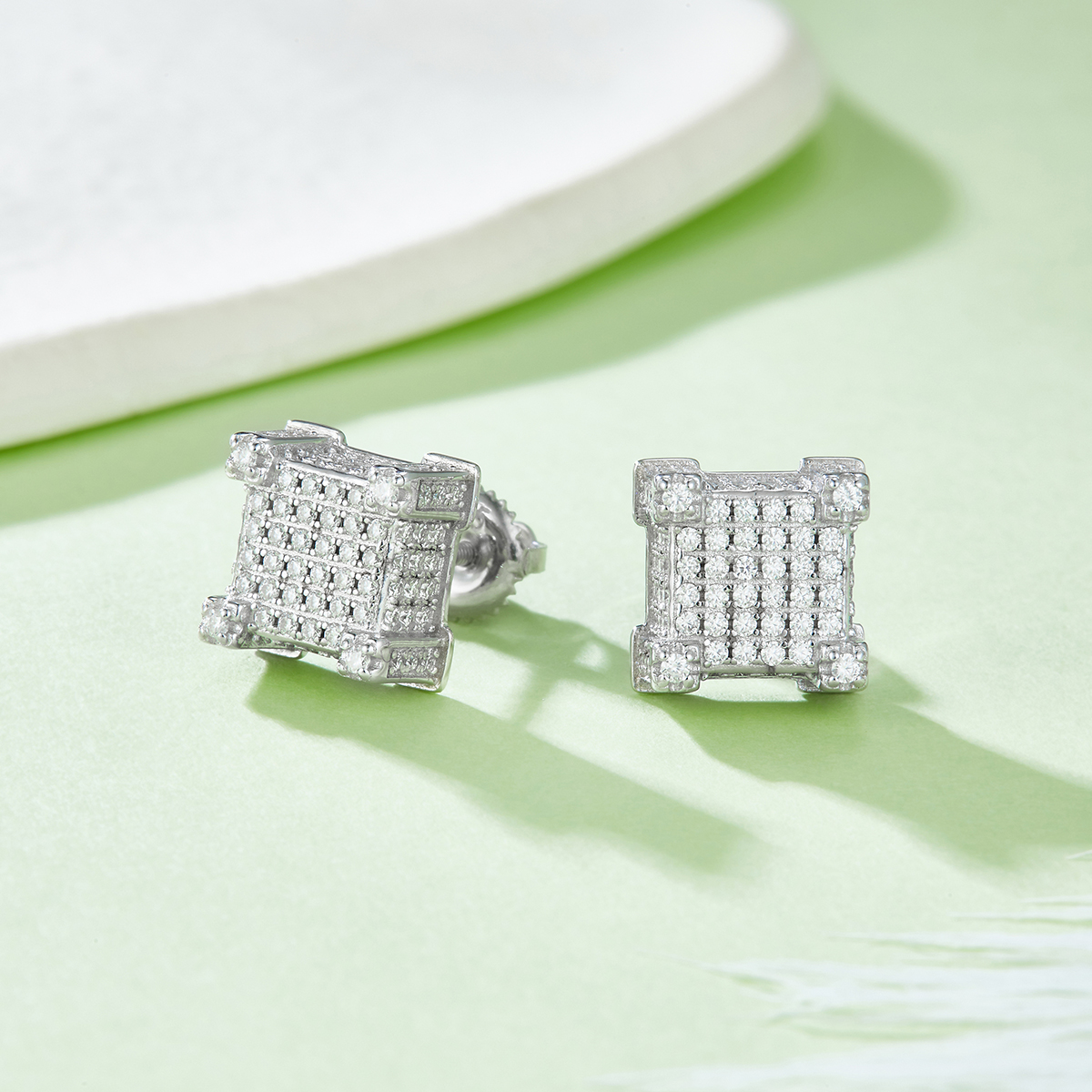 Square Post S925 Silver Stud Earrings with Threaded Moissan Diamond Centile D 1.06CT