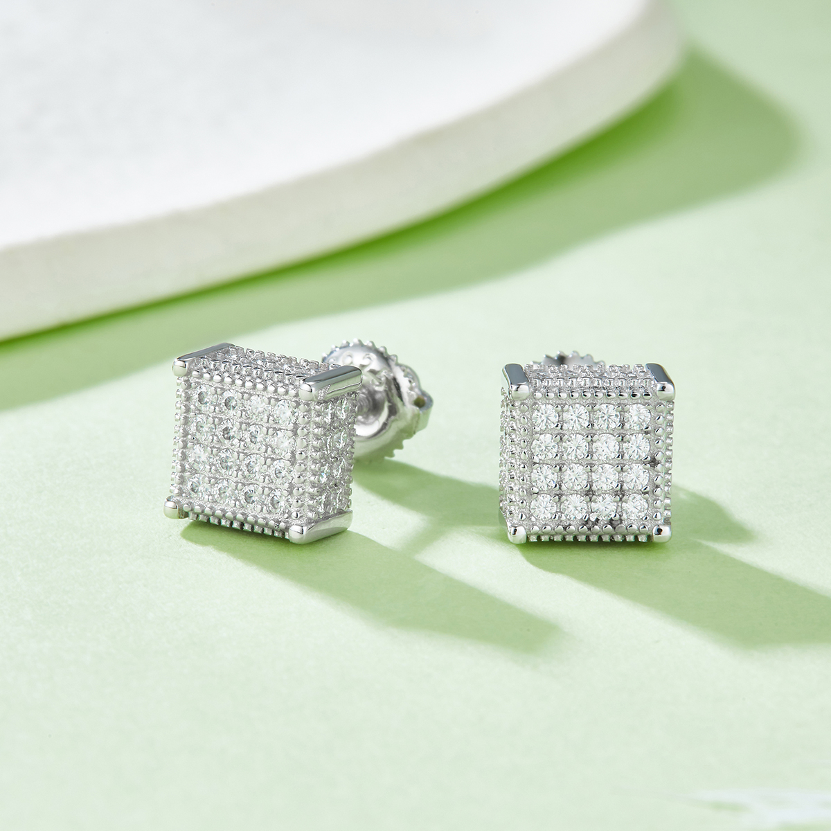 Square Cubic S925 Silver Stud Earrings with Threaded Moissan Diamonds Grade D 0.77CT