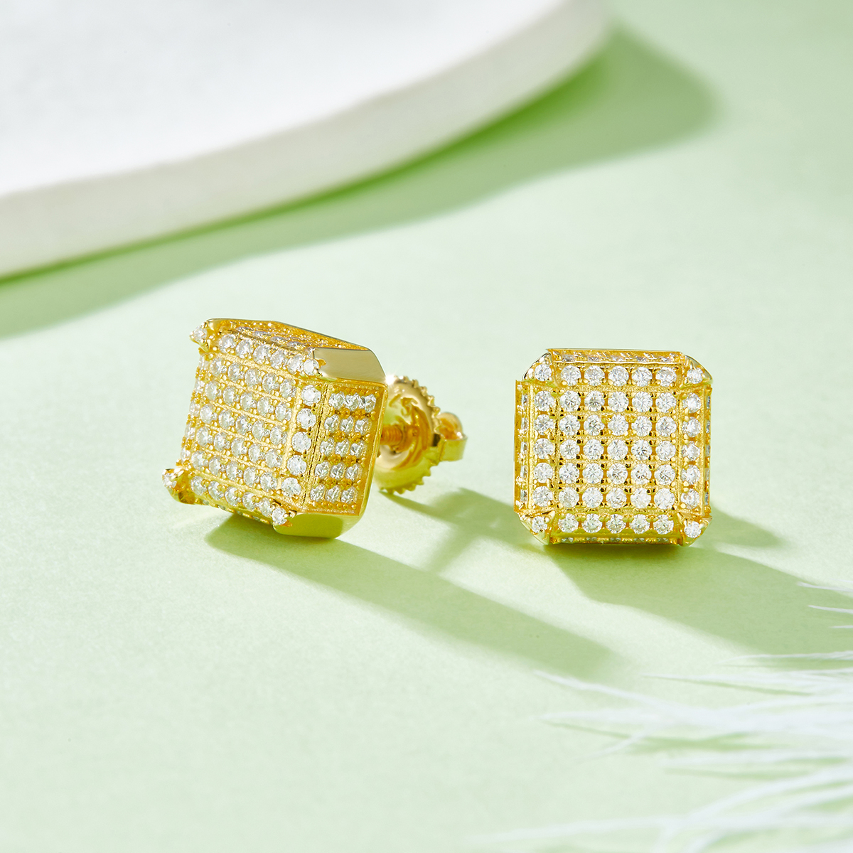 Square Side Set S925 Silver Stud Earrings with Threaded Moissan Diamond Centigrade D Grade 1.08CT