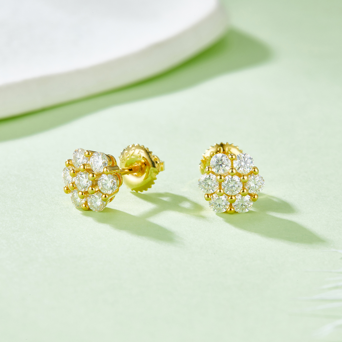 Round Plum Blossom S925 Silver Earrings with Threaded Moissan Diamond Criolite D Grade 0.84CT