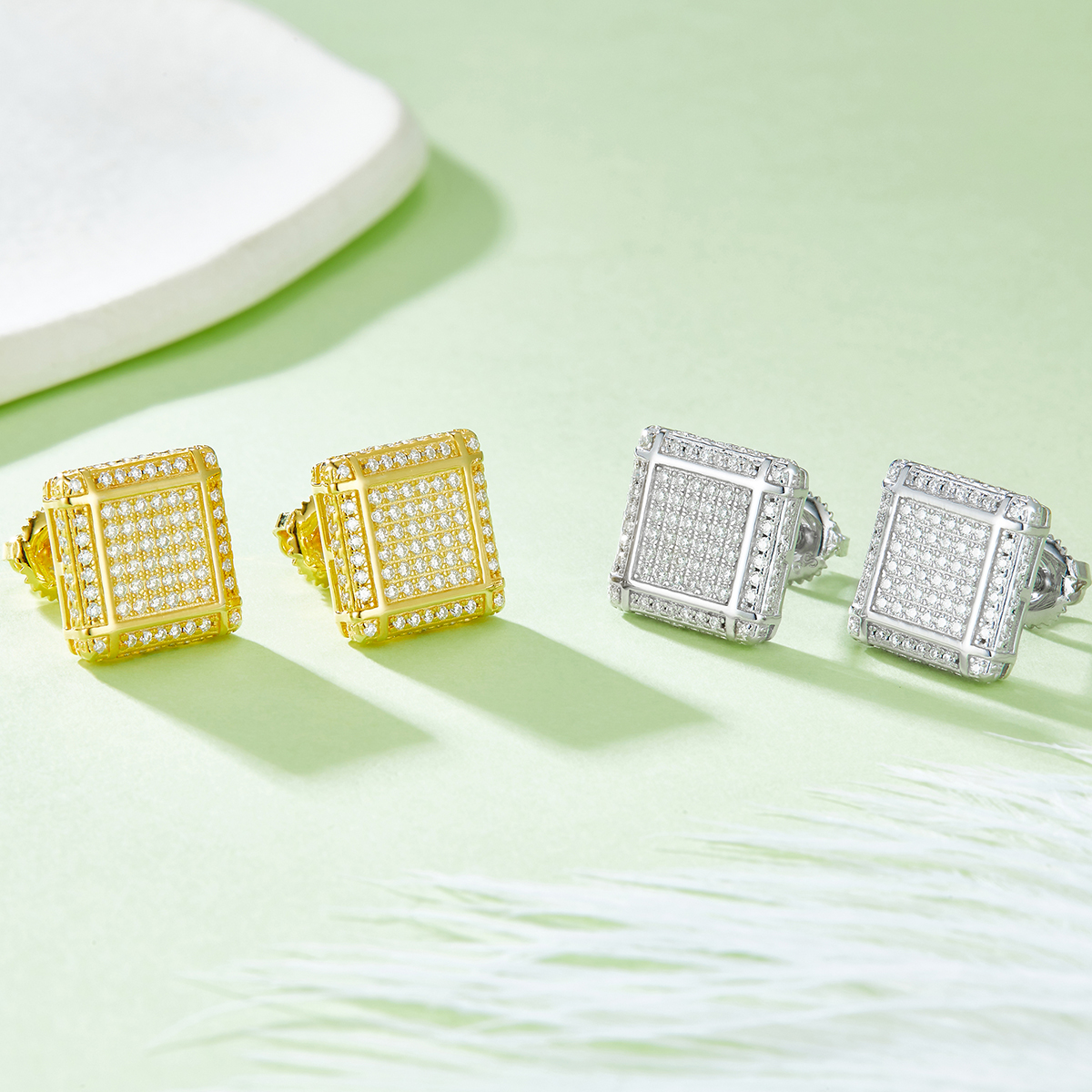 Square Lattice S925 Silver Studs with Threaded Moissan Diamonds D 0.77CT