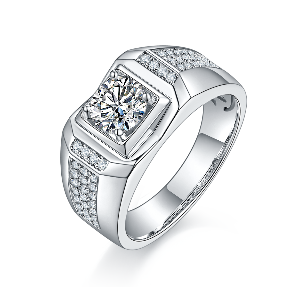 M80A S925 Silver Plated White Gold Moissan Diamond Men's Ring 1 Carat Grade D