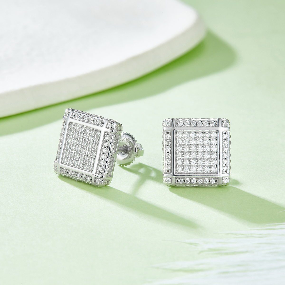 Square Lattice S925 Silver Studs with Threaded Moissan Diamonds D 0.77CT