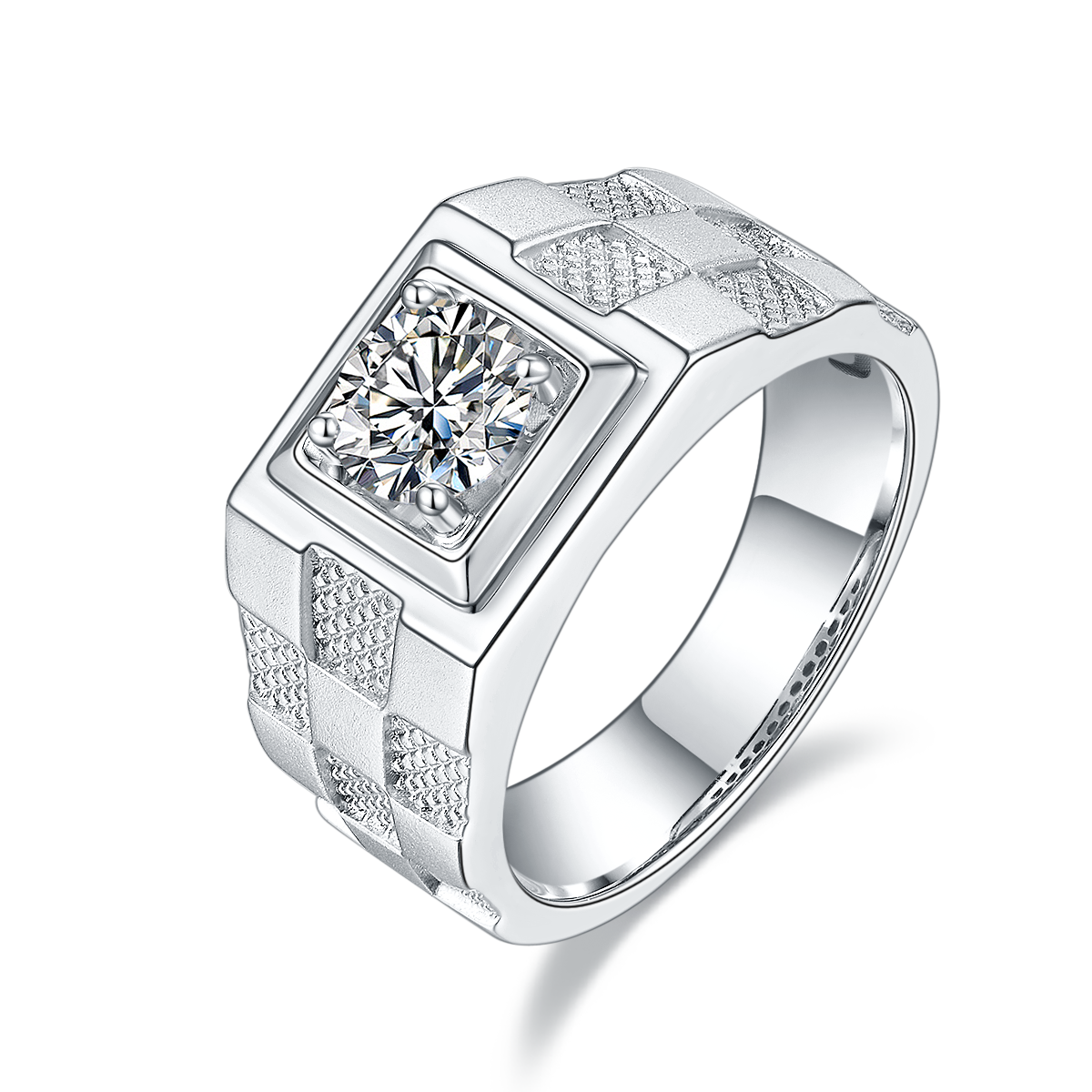 M84A S925 Silver Plated White Gold Moissan Diamond Men's Ring 1 Carat Grade D