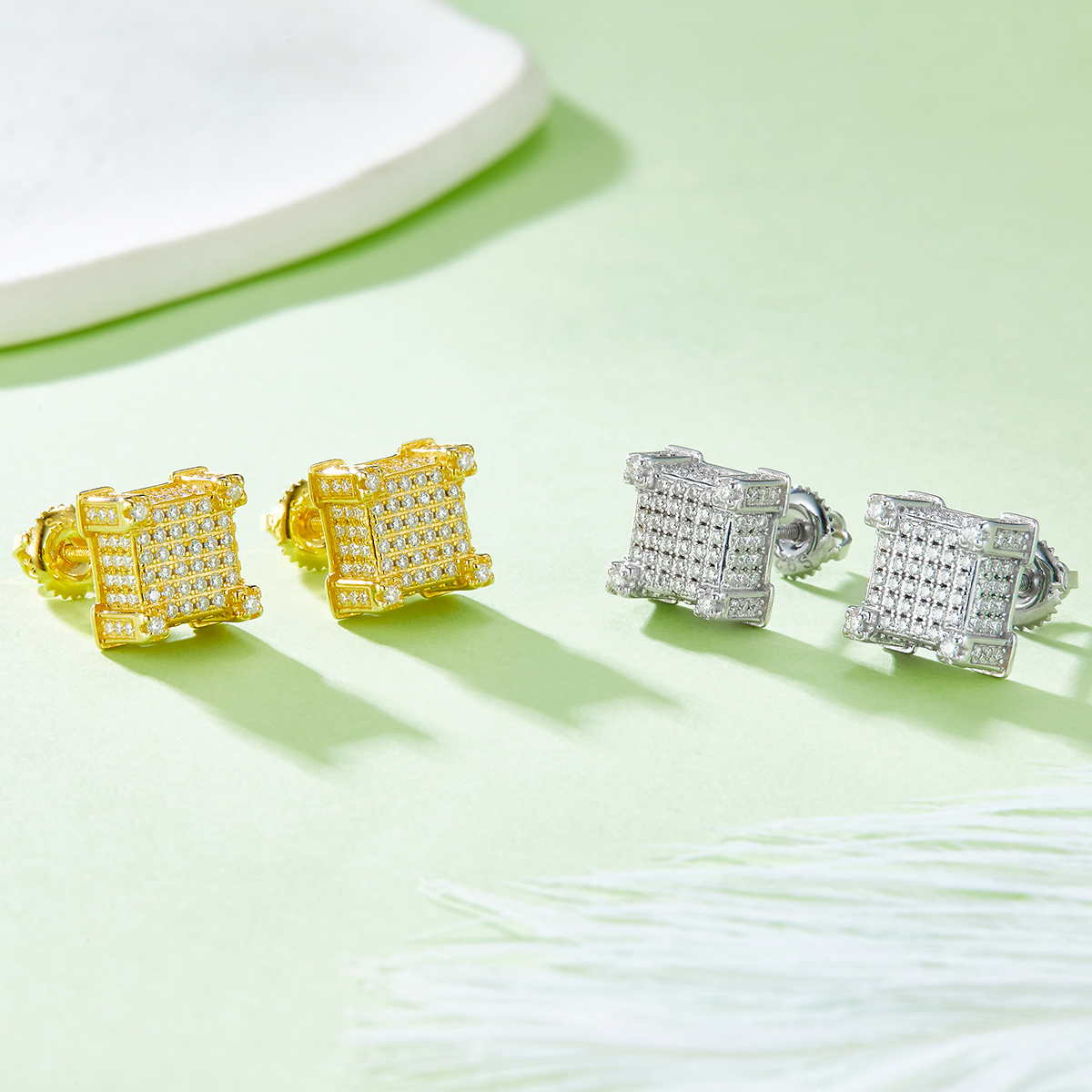 Square Post S925 Silver Stud Earrings with Threaded Moissan Diamond Centile D 1.06CT