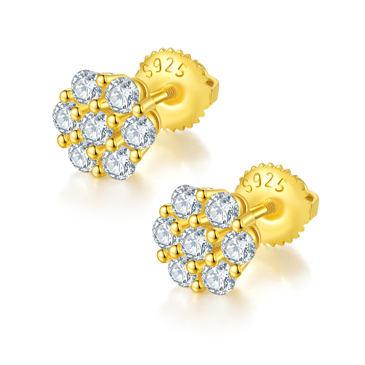 Round Plum Blossom S925 Silver Earrings with Threaded Moissan Diamond Criolite D Grade 0.84CT