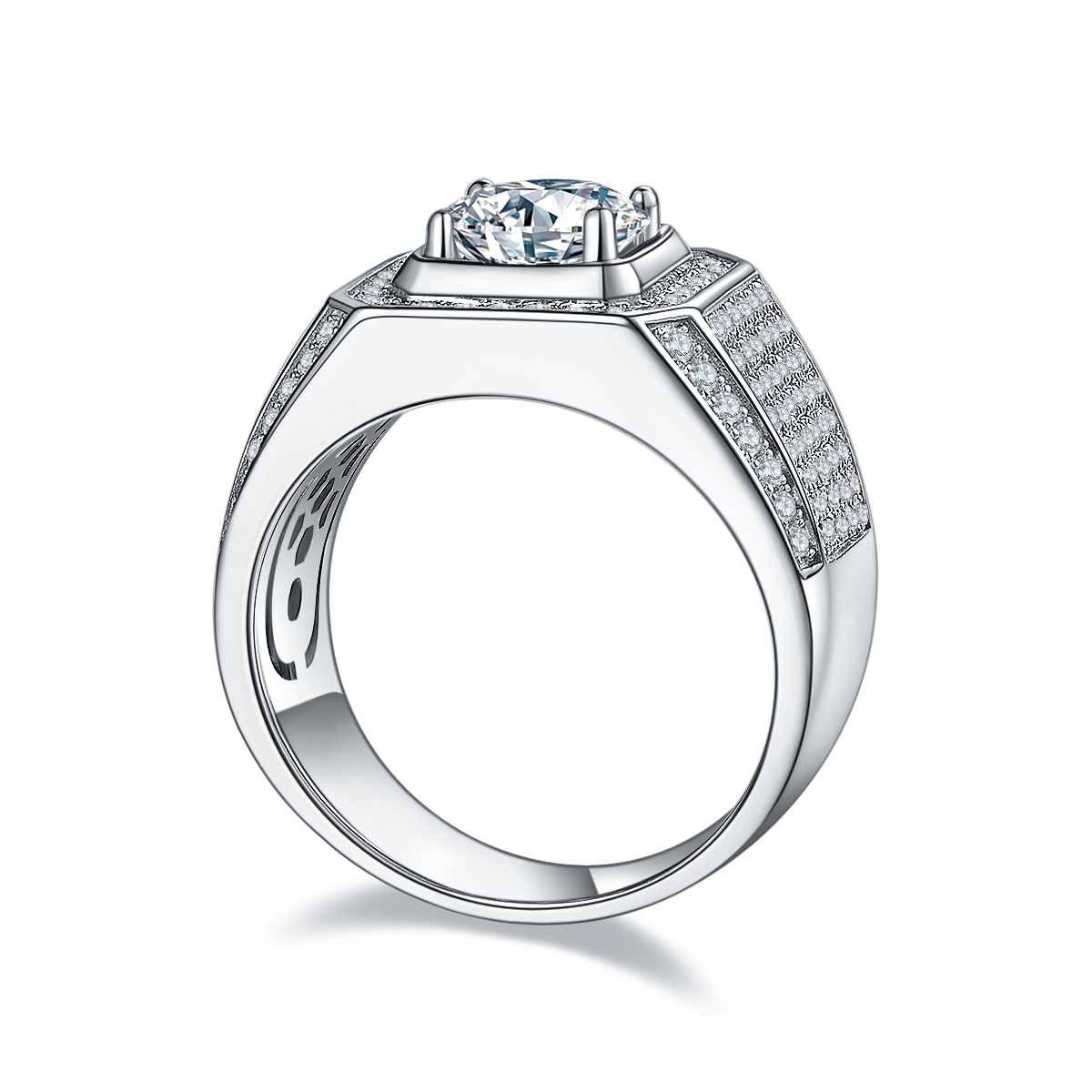 M76BS925 Silver Plated White Gold Moissan Diamond Men's Ring 2 Carat Grade D