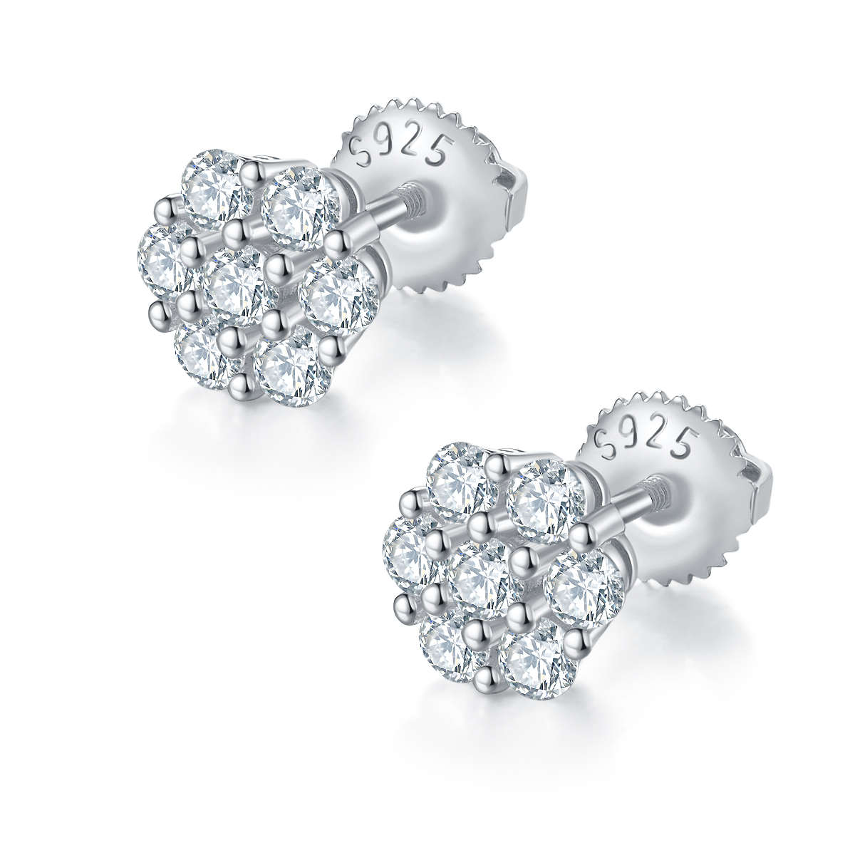 Round Plum Blossom S925 Silver Earrings with Threaded Moissan Diamond Criolite D Grade 0.84CT
