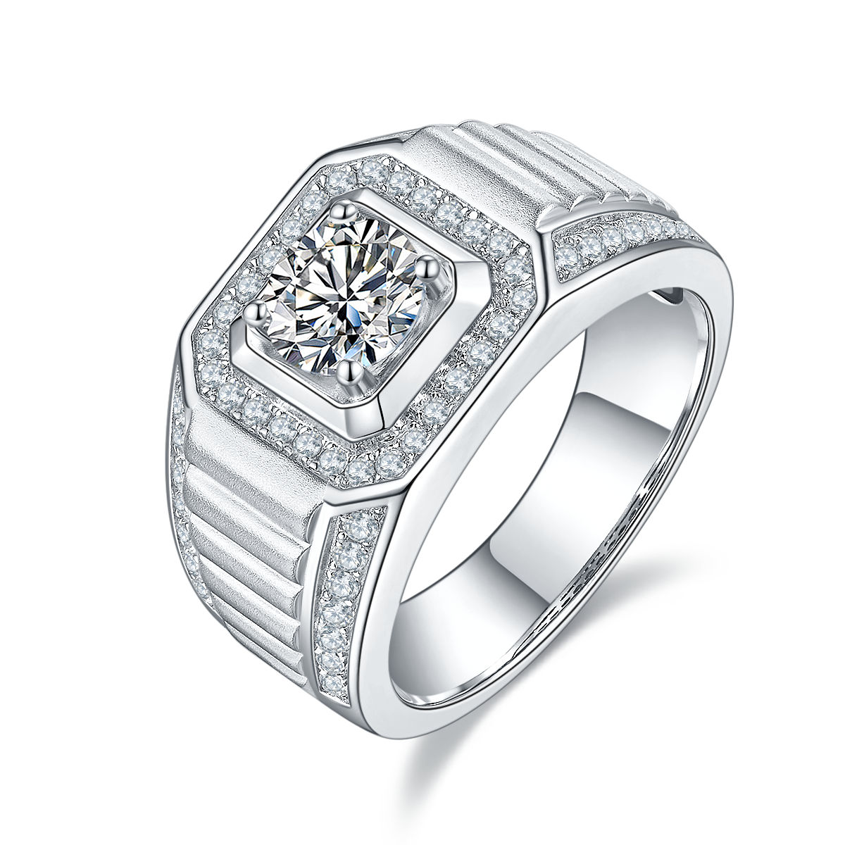 M83A S925 Silver Plated White Gold Moissan Diamond Men's Ring 1 Carat Grade D