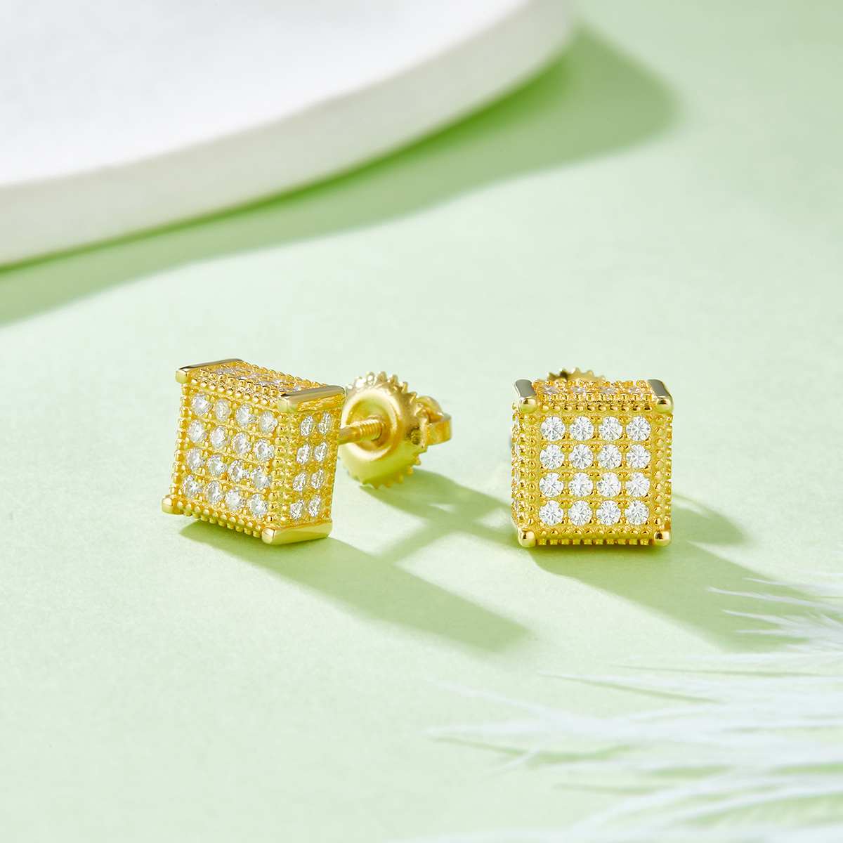 Square Cubic S925 Silver Stud Earrings with Threaded Moissan Diamonds Grade D 0.77CT