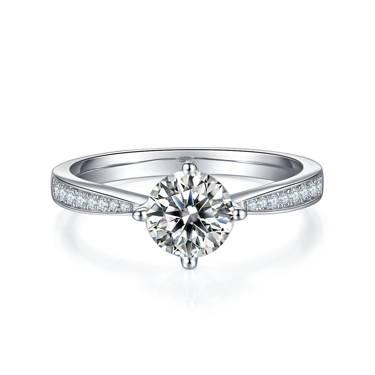 Straight Arm Micropavé Four Prong S925 Silver Plated White Gold Moissan Diamond Women's Ring 1 Carat D