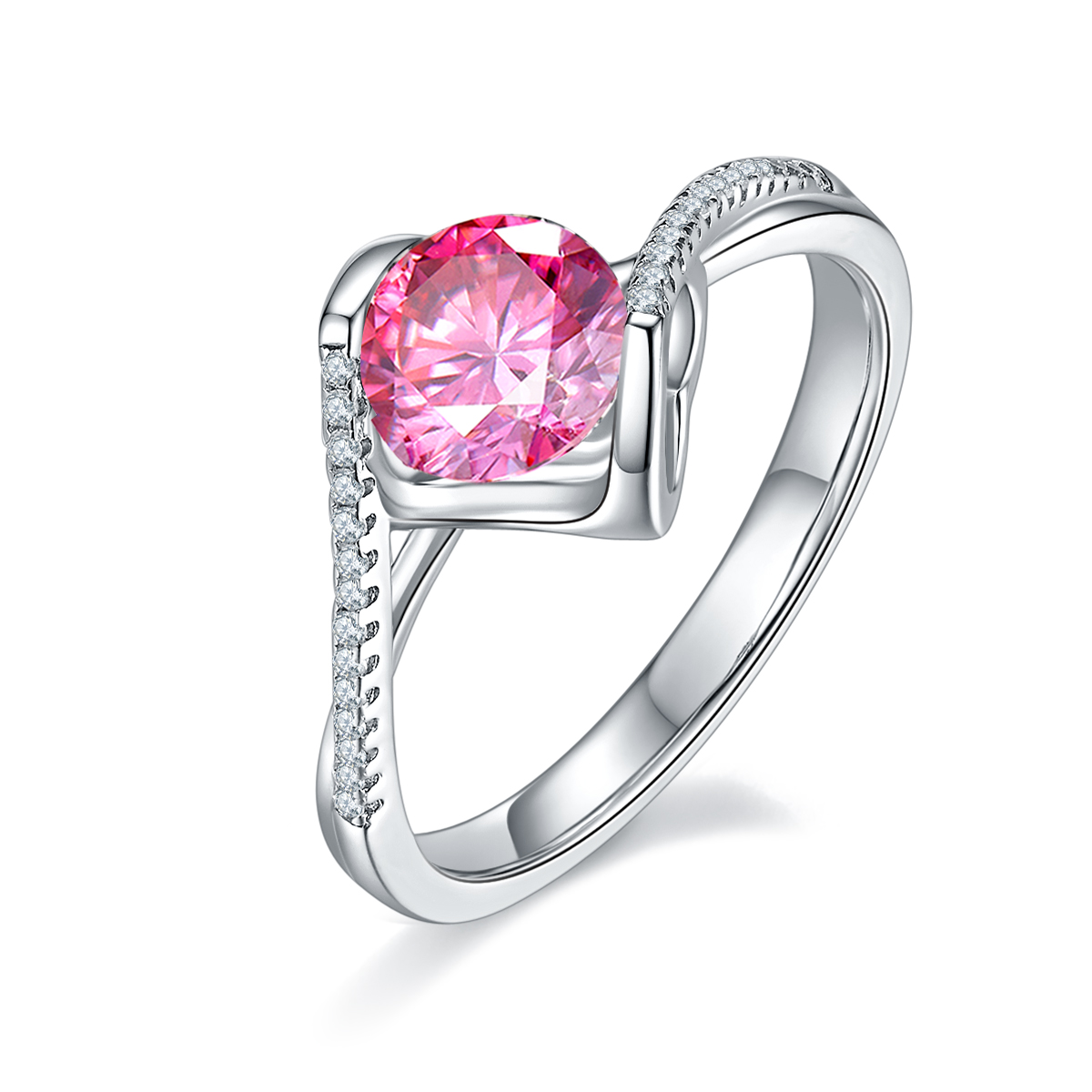 Twisted Arm Micropavé Angel's Kiss S925 Silver Plated White Gold Moissan Diamond Women's Ring 1 Carat Grade D