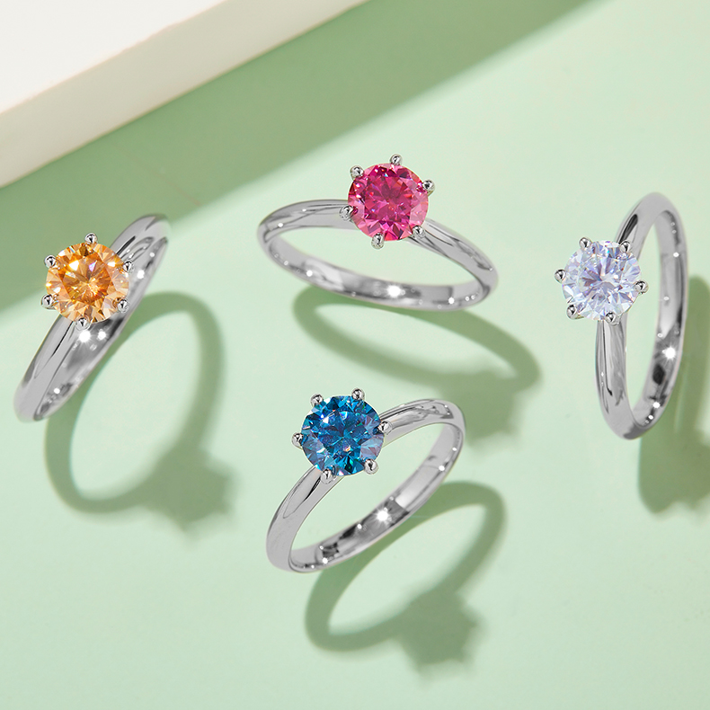 Straight Arm Classic Six Claw TS925 Silver Plated White Gold Moissan Diamond Women's Ring 1 Carat D