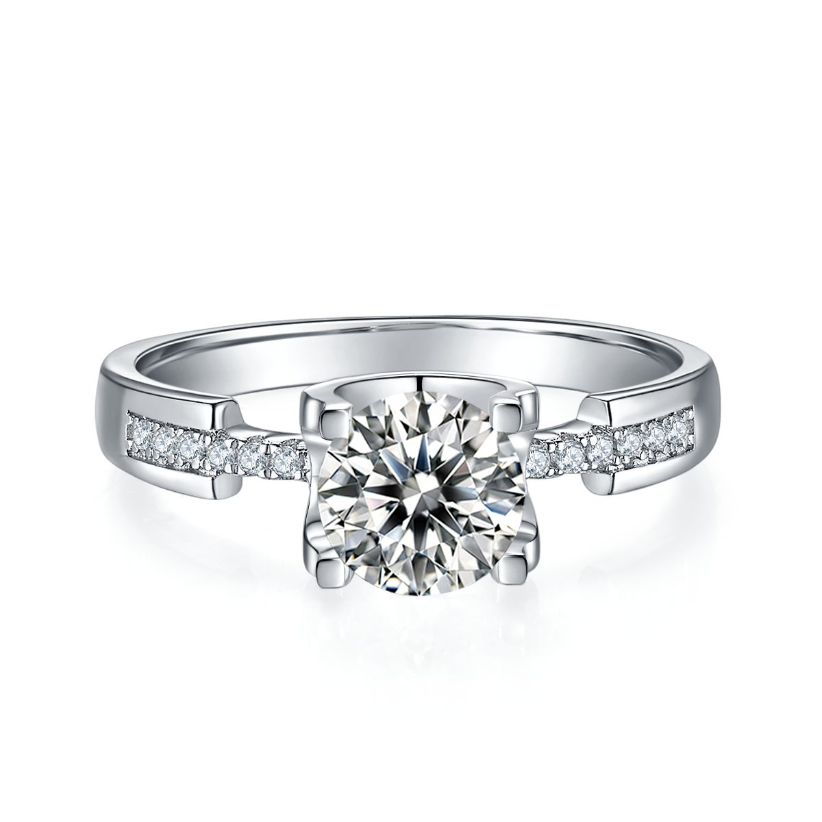 Straight arm micro-set cow head small waist S925 silver plated white gold moissanite diamond women's ring 1 carat D grade