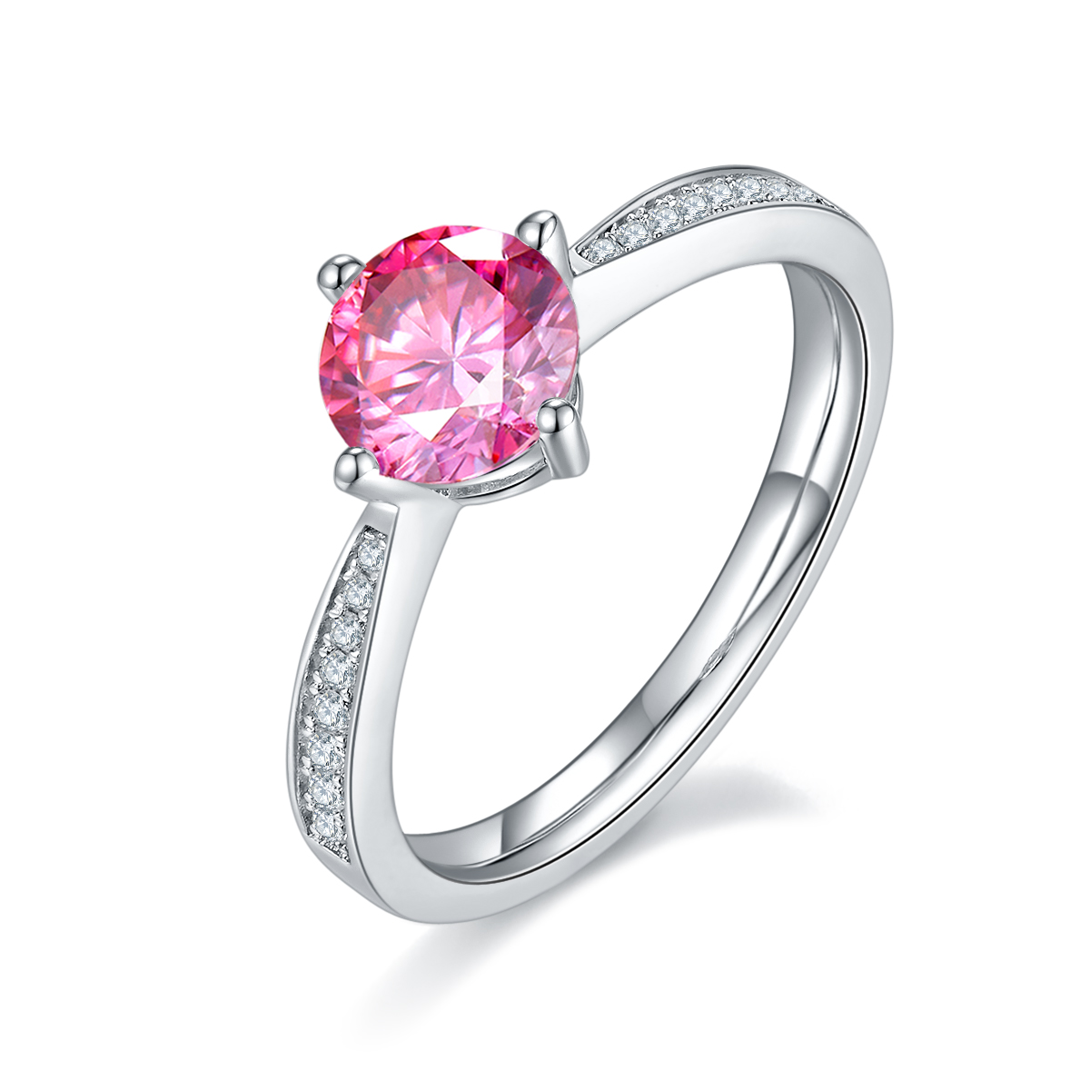 Straight Arm Micropavé Four Prong S925 Silver Plated White Gold Moissan Diamond Women's Ring 1 Carat D