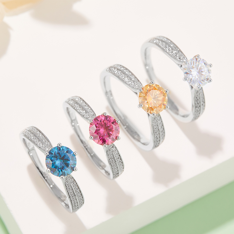 Straight arm micro-set starlight queen S925 silver plated white gold moissanite diamond women's ring 1 carat grade D