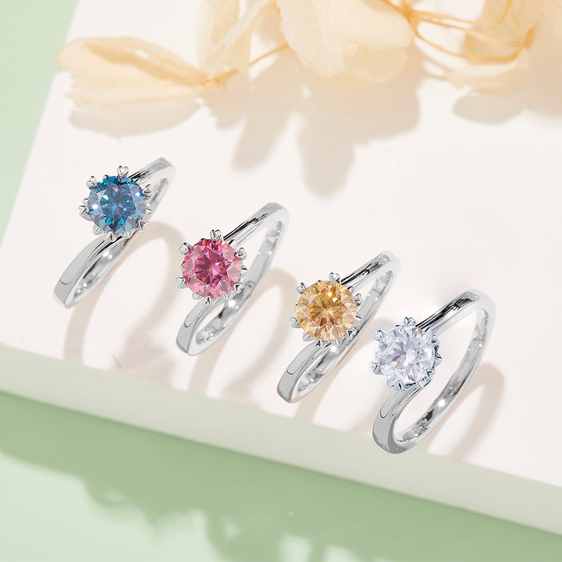 Twisted Arm Classic Snowflake S925 Silver Plated White Gold Moissan Diamond Women's Ring 1 Ct D