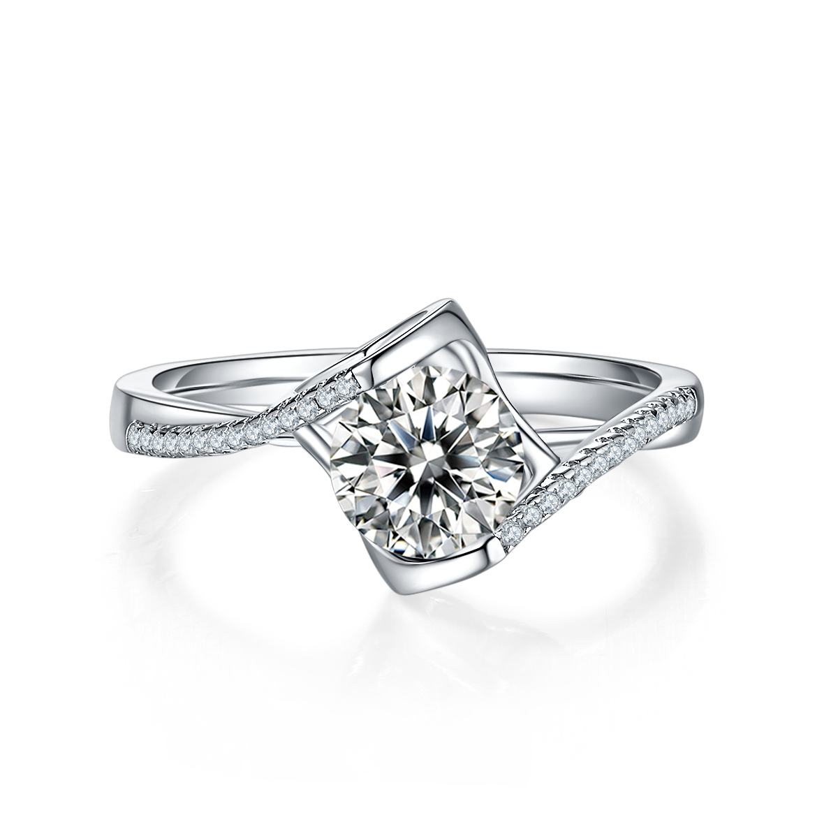 Twisted Arm Micropavé Angel's Kiss S925 Silver Plated White Gold Moissan Diamond Women's Ring 1 Carat Grade D