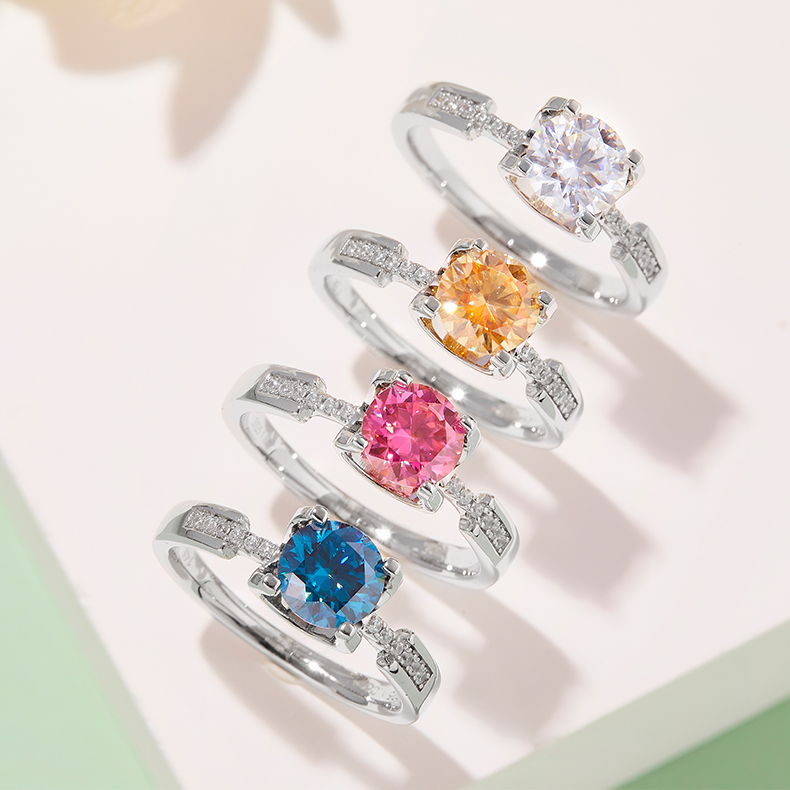 Straight arm micro-set cow head small waist S925 silver plated white gold moissanite diamond women's ring 1 carat D grade