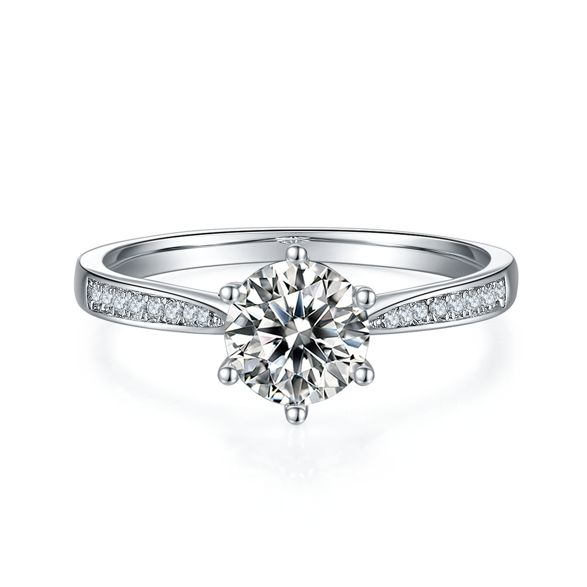 Straight Arm Microset Six Prong S925 White Gold Plated Moissanite Women's Ring 1 ct.