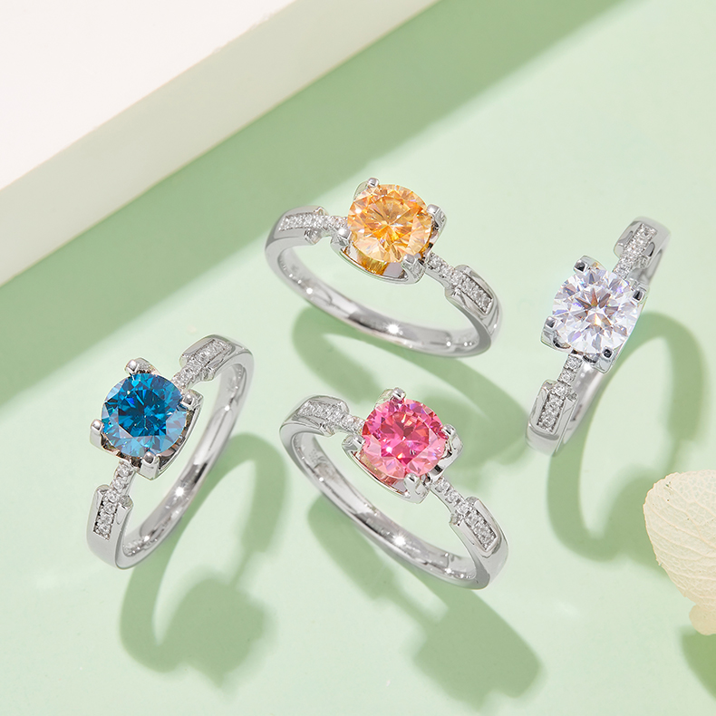 Straight arm micro-set cow head small waist S925 silver plated white gold moissanite diamond women's ring 1 carat D grade