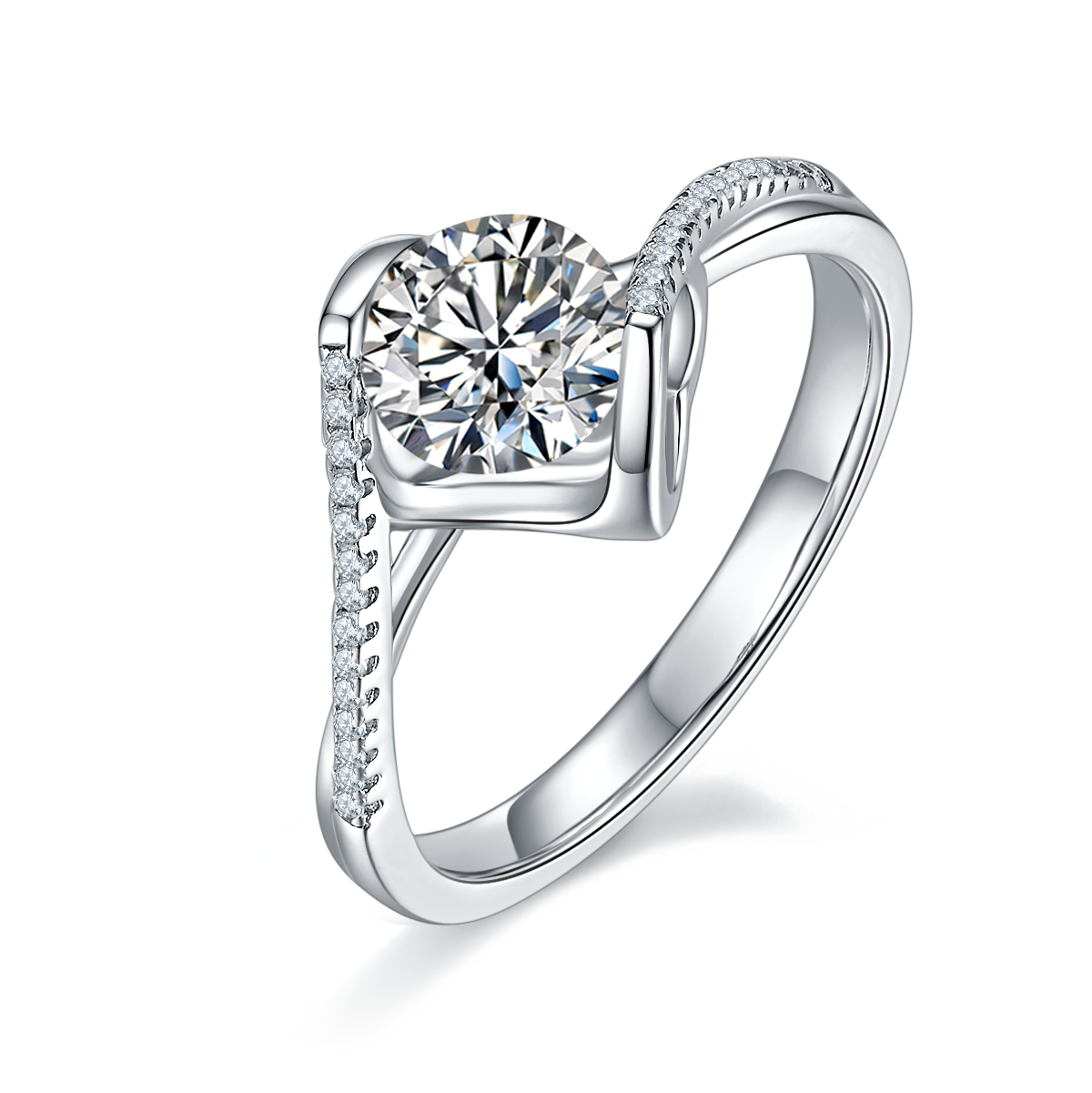 Twisted Arm Micropavé Angel's Kiss S925 Silver Plated White Gold Moissan Diamond Women's Ring 1 Carat Grade D
