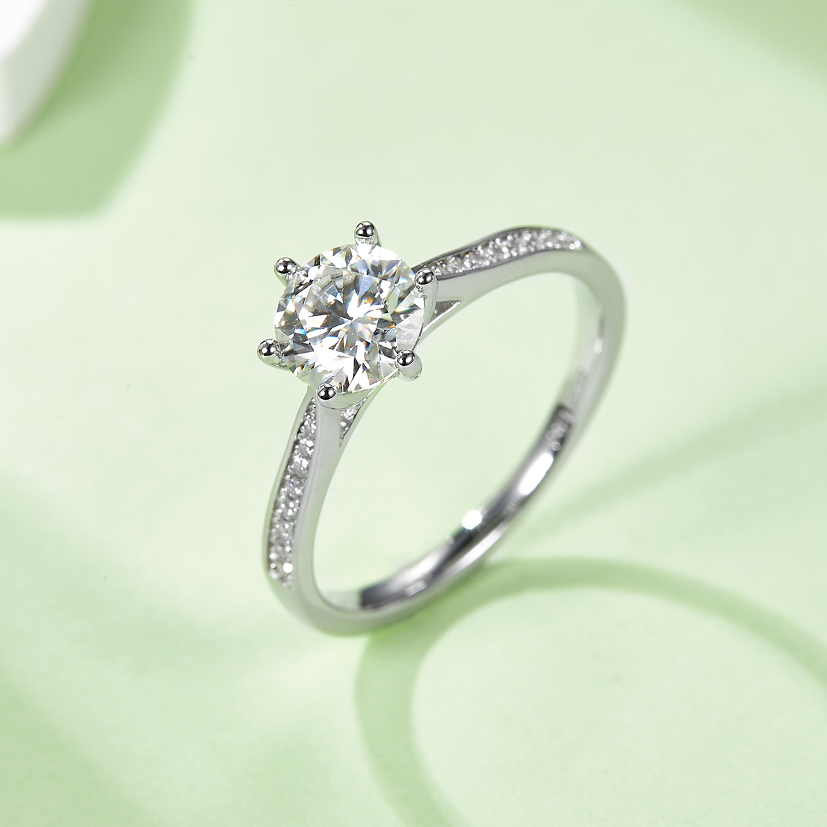 Straight Arm Microset Six Prong S925 White Gold Plated Moissanite Women's Ring 1 ct.