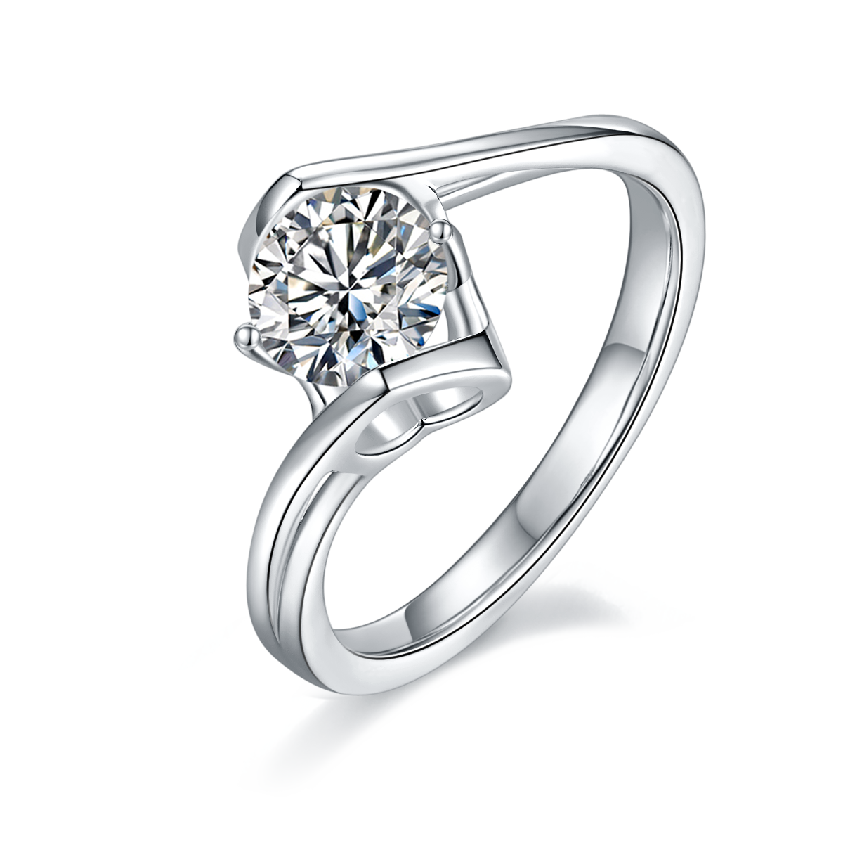 Twisted Arm Classic Angel's Kiss S925 Silver Plated White Gold Moissan Diamond Women's Ring 1 Carat Grade D