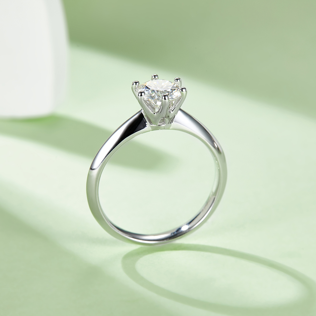 Straight Arm Classic Six Claw TS925 Silver Plated White Gold Moissan Diamond Women's Ring 1 Carat D