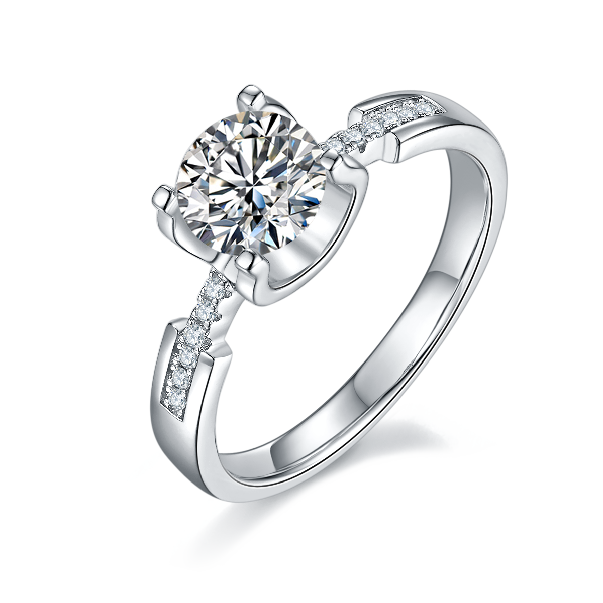 Straight arm micro-set cow head small waist S925 silver plated white gold moissanite diamond women's ring 1 carat D grade