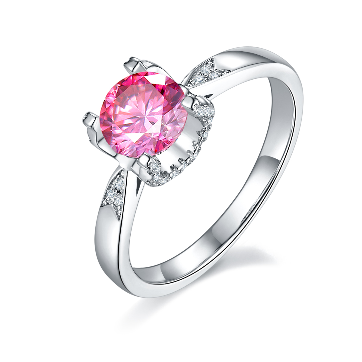 Straight Arm V-Face Micro-Set Bullhead S925 Silver Plated White Gold Moissan Diamond Women's Ring 1 Carat D