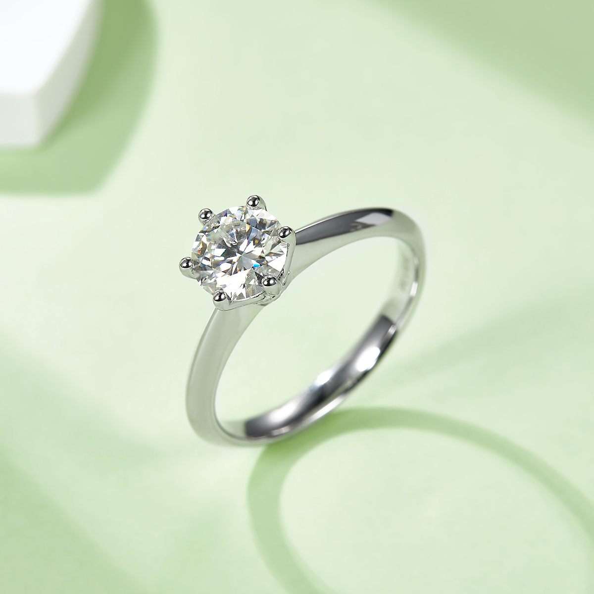 Straight Arm Classic Six Claw TS925 Silver Plated White Gold Moissan Diamond Women's Ring 1 Carat D