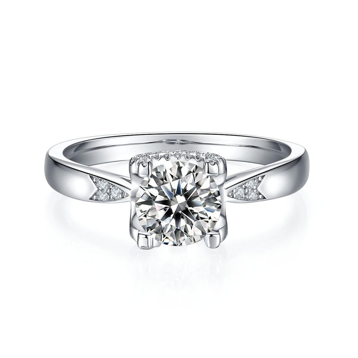 Straight Arm V-Face Micro-Set Bullhead S925 Silver Plated White Gold Moissan Diamond Women's Ring 1 Carat D