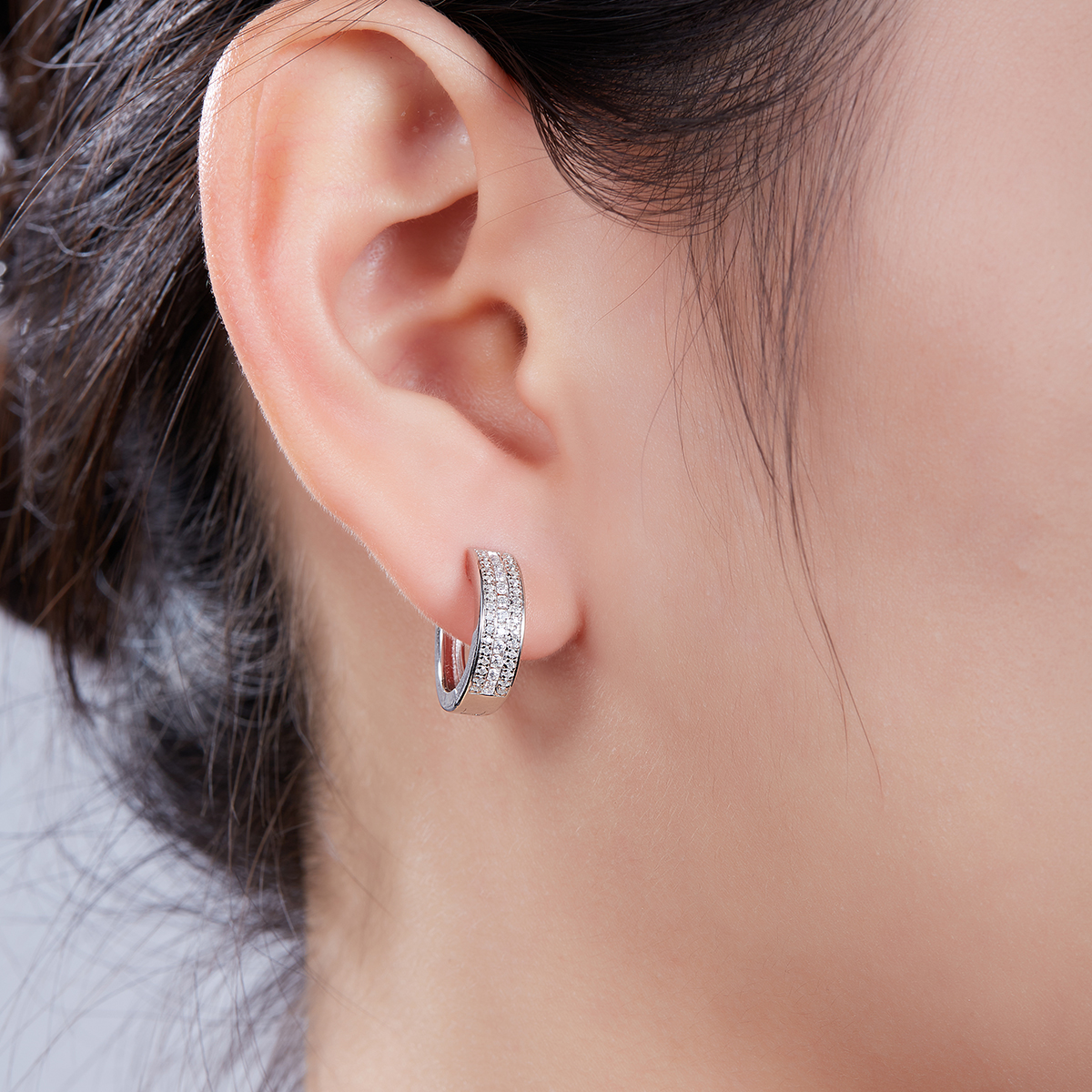 Triple Row to Half Earrings S925 Silver Moissan Diamonds Criolite Grade D 0.37CT     K008A