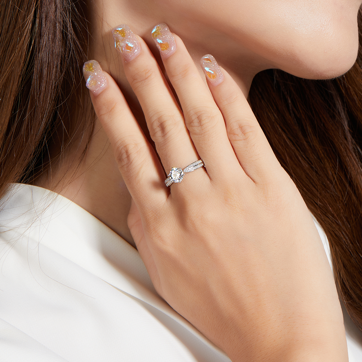 Straight arm micro-set starlight queen S925 silver plated white gold moissanite diamond women's ring 1 carat grade D