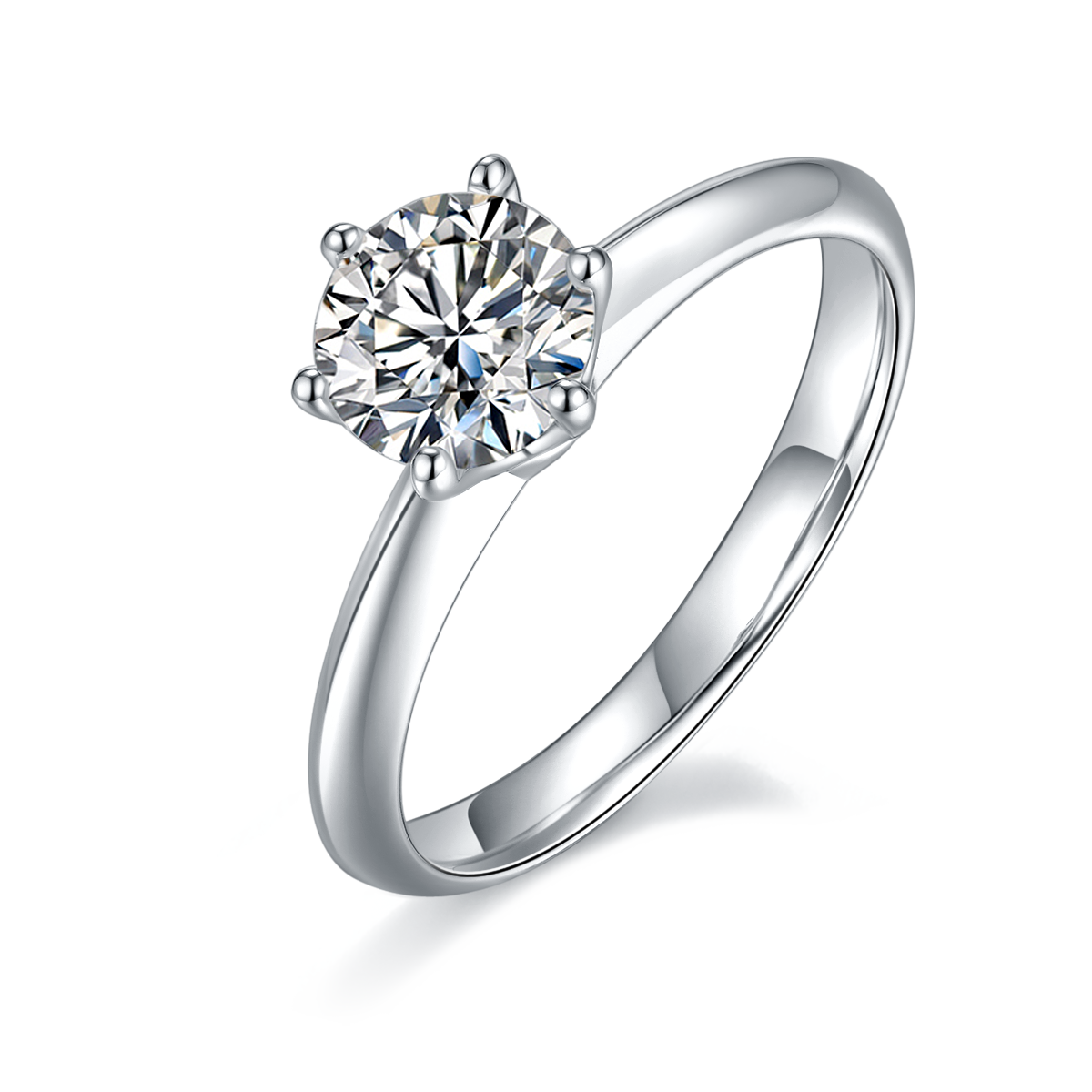 Straight Arm Classic Six Claw TS925 Silver Plated White Gold Moissan Diamond Women's Ring 1 Carat D