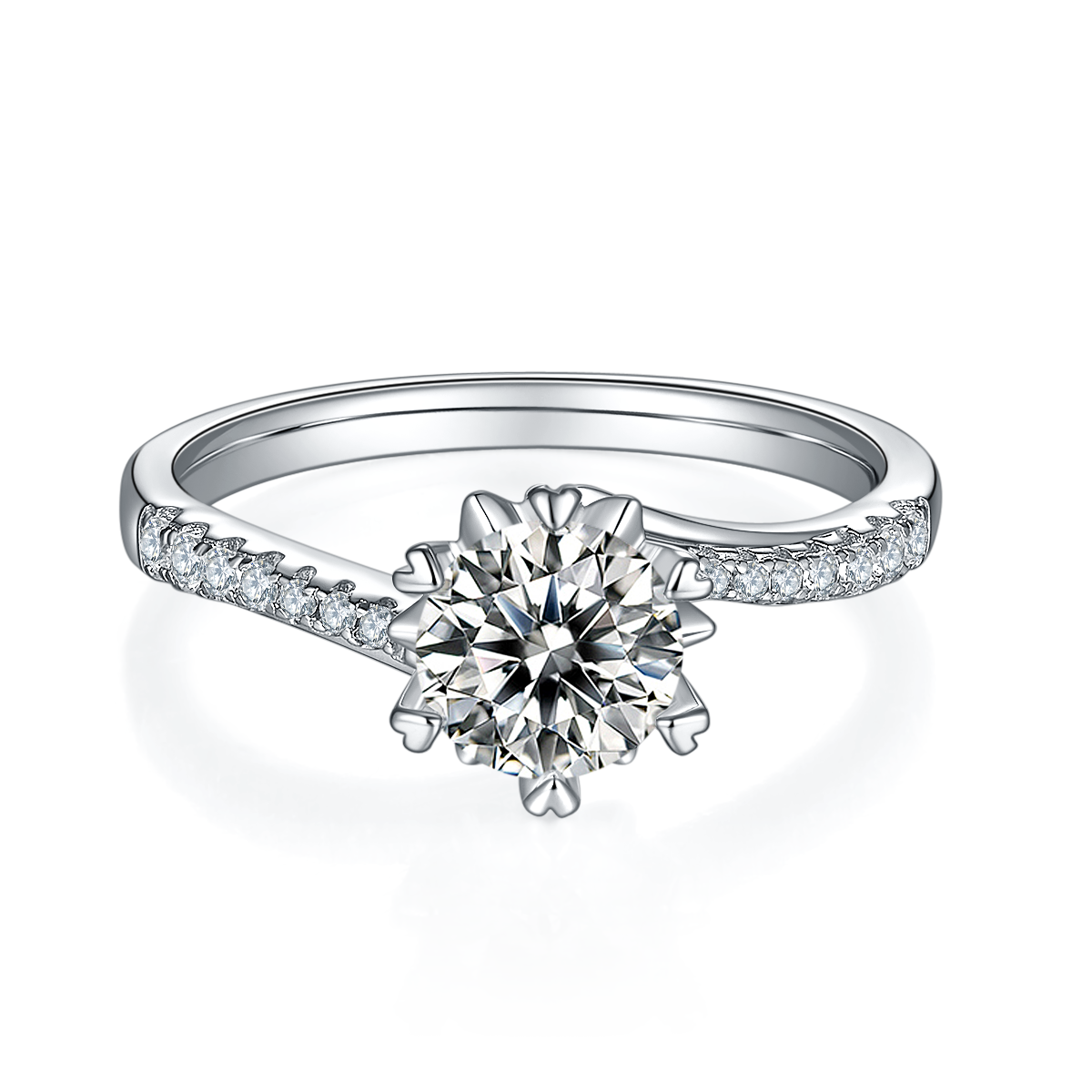 Twisted arm micro-set snowflake S925 silver plated white gold moissanite diamond women's ring 1 carat grade D