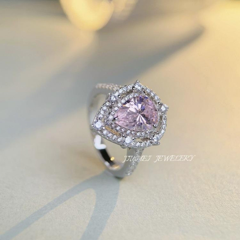 S925 Sterling Silver Ring Hot Sale Water Drop Pink Diamond 3 Carat Crystal Gemstone