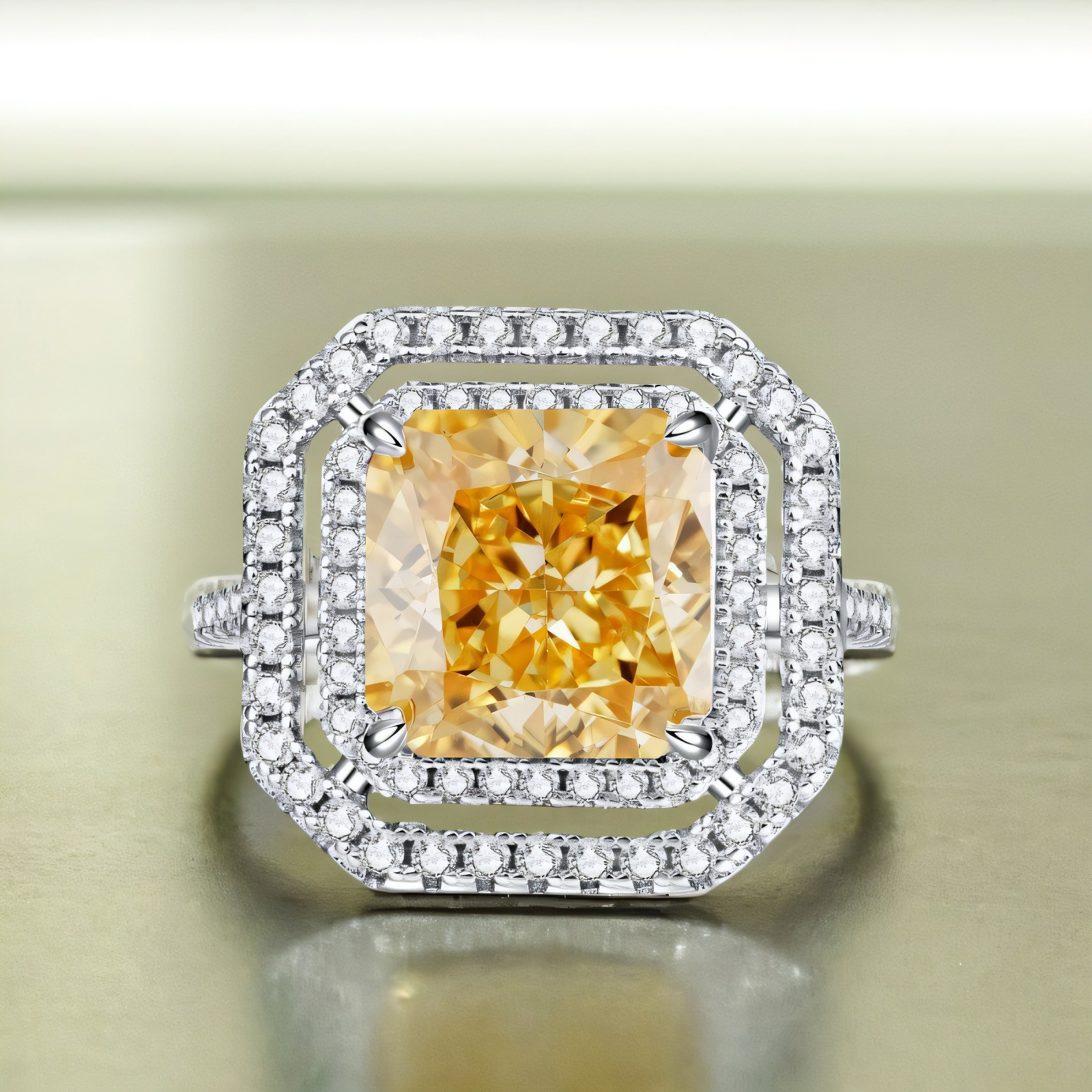 S925 Sterling Silver Yellow Diamond Square Full Diamond Ring High Carbon Diamond Zircon Radiant Cut Ring for Women