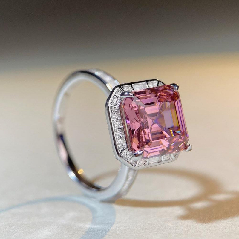 Cross-Border E-commerce S925 Sterling Silver Pink Diamond Ring for Women Rouge Deep Pink Tourmaline Gemstone Ring Full Diamond Square Bag Style TikTok