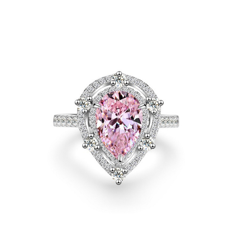 S925 Sterling Silver Ring Hot Sale Water Drop Pink Diamond 3 Carat Crystal Gemstone