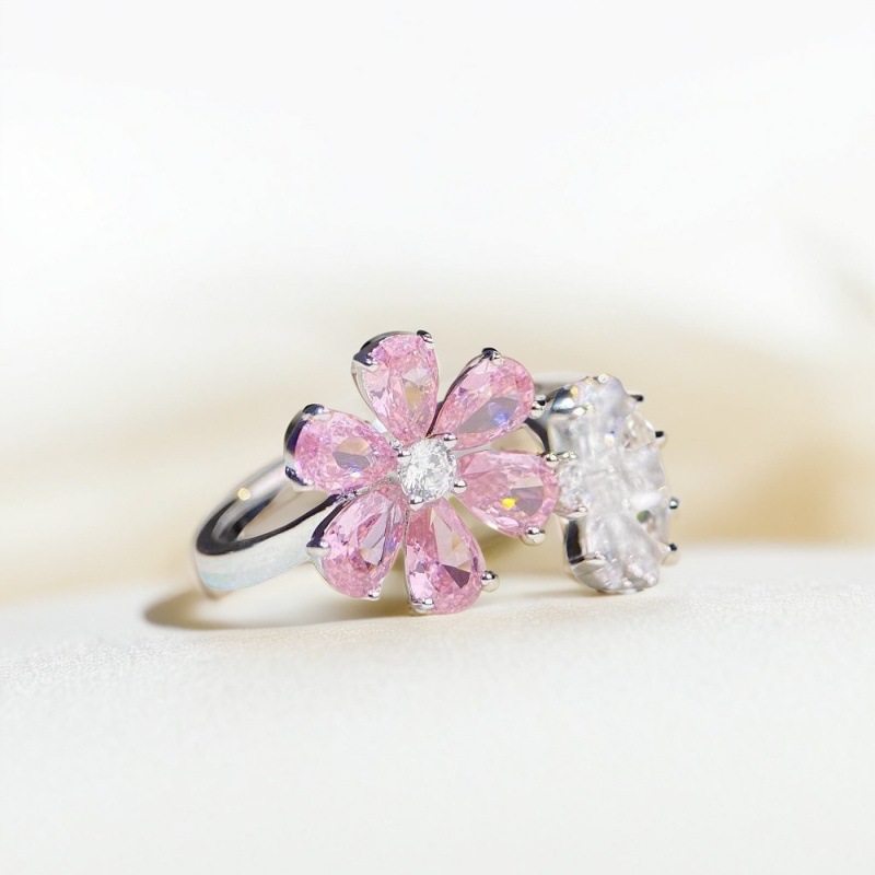 Cross-border Jewelry S925 Sterling Silver Ring Inlaid with Pink Flower Adjustable Zircon Ring