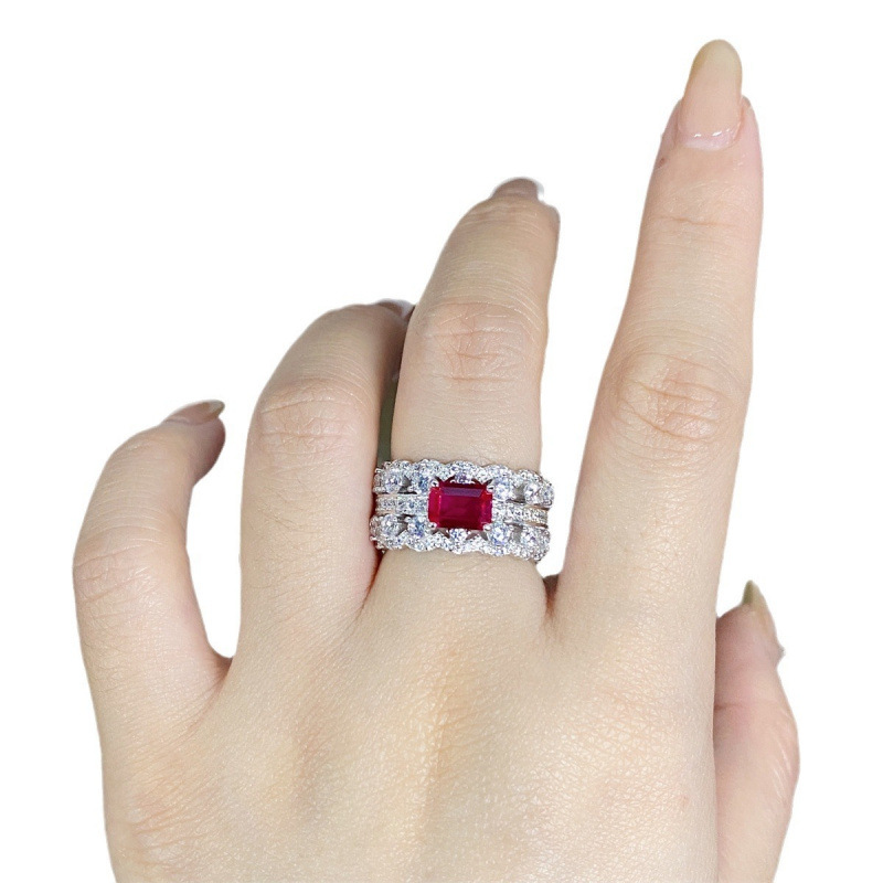 S925 Sterling Silver Lace Ring for Women with Ruby, Red Corundum, Emerald, and Cut Diamond, Simple and Versatile Unisex Design