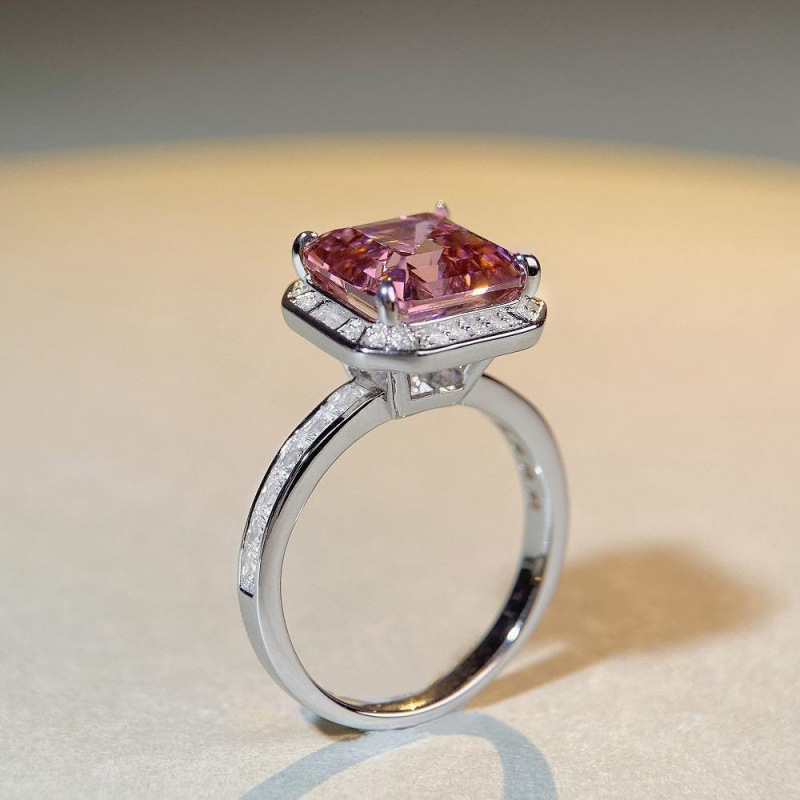 Cross-Border E-commerce S925 Sterling Silver Pink Diamond Ring for Women Rouge Deep Pink Tourmaline Gemstone Ring Full Diamond Square Bag Style TikTok