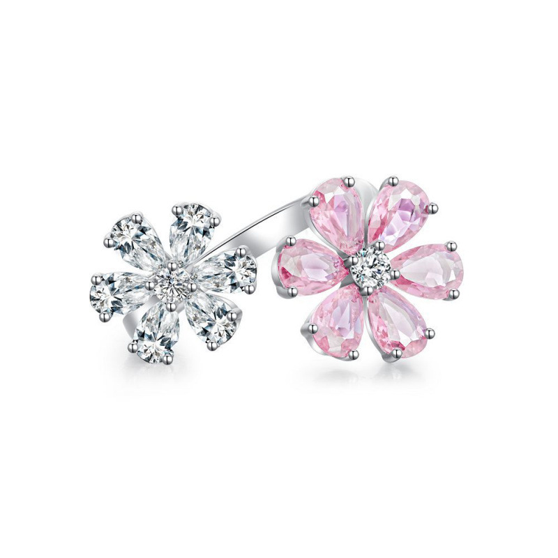 Cross-border Jewelry S925 Sterling Silver Ring Inlaid with Pink Flower Adjustable Zircon Ring