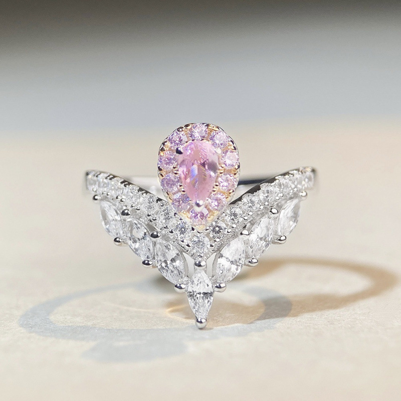 S925 Sterling Silver Pink Diamond Ring for Women Cute Ins Style Simple Pink Heart Ice Flower Cut